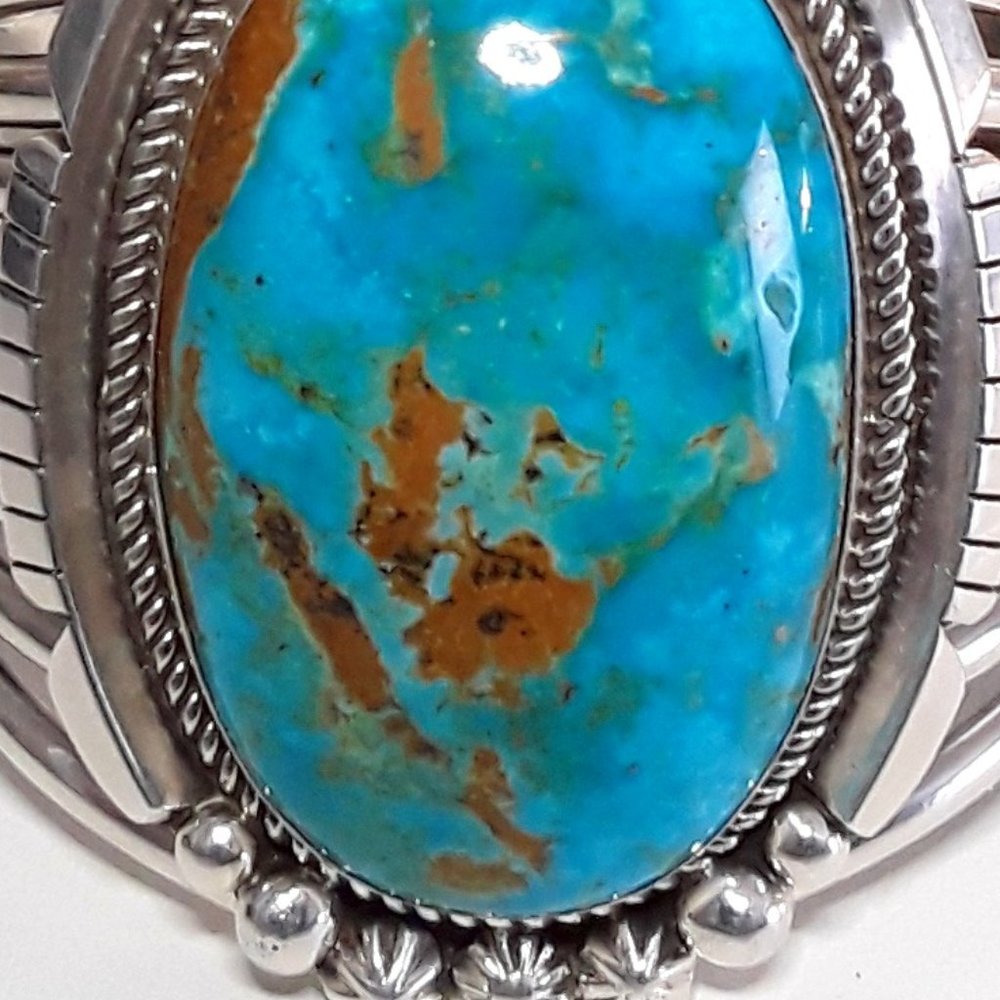 LARGE Kingman Sterling Native American Statement  Bracelet - Picture 4 of 9